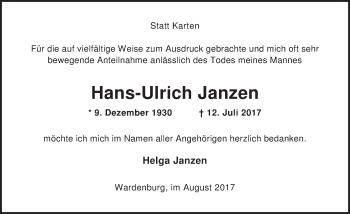 Traueranzeige von Hans-Ulrich Janzen von Nordwest-Zeitung