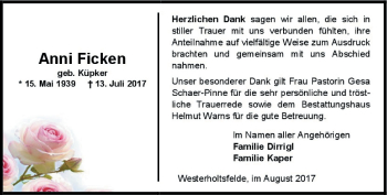 Traueranzeige von Anni Ficken von Nordwest-Zeitung