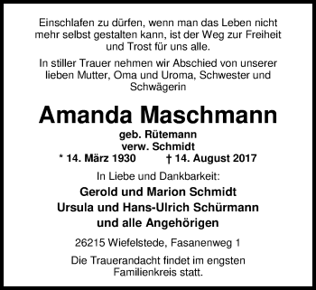 Traueranzeige von Amanda Maschmann von Nordwest-Zeitung