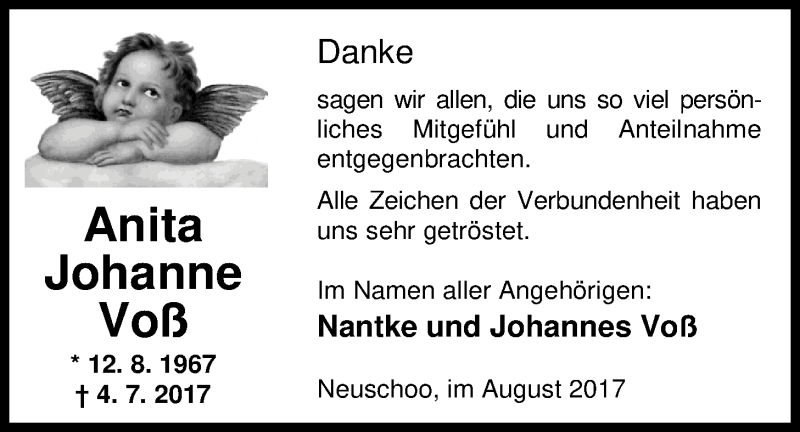  Traueranzeige für Anita Johanne Voß vom 12.08.2017 aus Nordwest-Zeitung