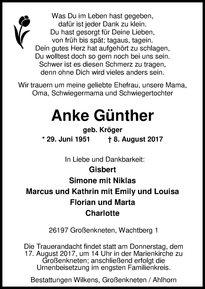  Traueranzeige für Anke Günther vom 12.08.2017 aus Nordwest-Zeitung