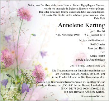 Traueranzeige von Annelene Kerting von Nordwest-Zeitung