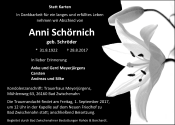 Traueranzeige von Anni Schörnich von Nordwest-Zeitung