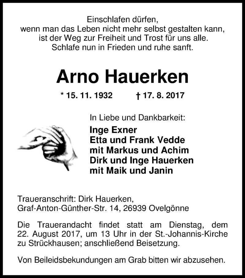  Traueranzeige für Arno Hauerken vom 18.08.2017 aus Nordwest-Zeitung