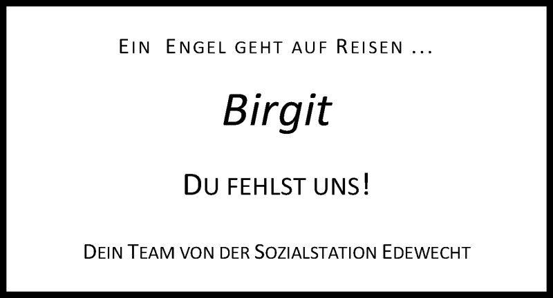  Traueranzeige für Birgit Zielinski vom 30.08.2017 aus Nordwest-Zeitung