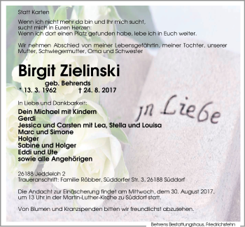Traueranzeige von Birgit Zielinski von Nordwest-Zeitung