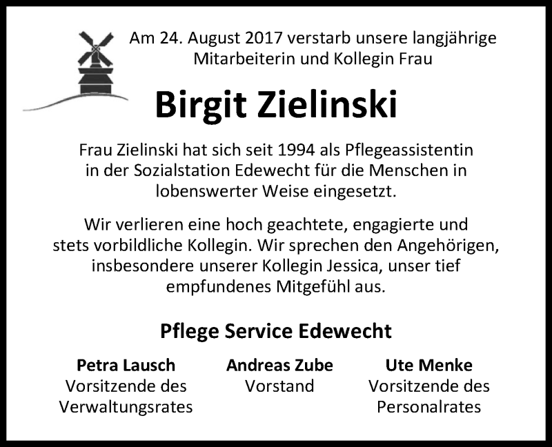  Traueranzeige für Birgit Zielinski vom 26.08.2017 aus Nordwest-Zeitung