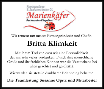 Traueranzeige von Britta Susanne Klimkeit von Nordwest-Zeitung
