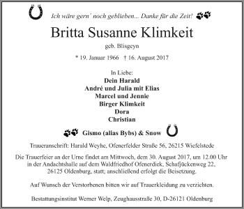 Traueranzeige von Britta Susanne Klimkeit von Nordwest-Zeitung