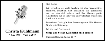 Traueranzeige von Christa Kuhlmann von Nordwest-Zeitung