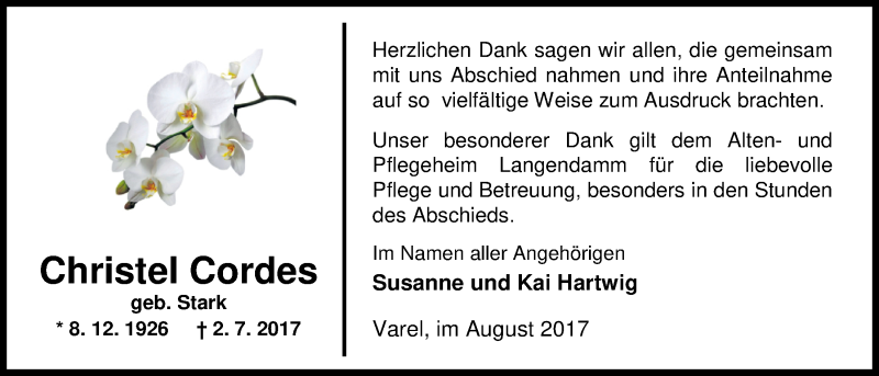  Traueranzeige für Christel Cordes vom 26.08.2017 aus Nordwest-Zeitung