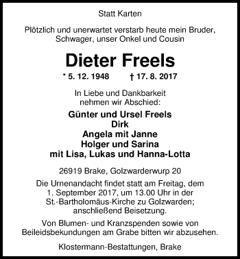 Traueranzeige von Dieter Freels von Nordwest-Zeitung