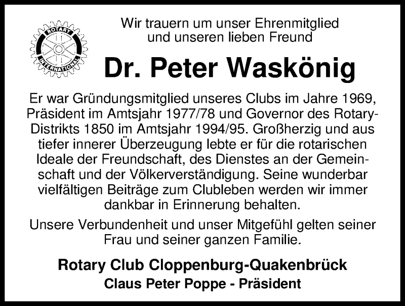 Traueranzeige für Dr. h. c. Peter Waskönig vom 26.08.2017 aus Nordwest-Zeitung