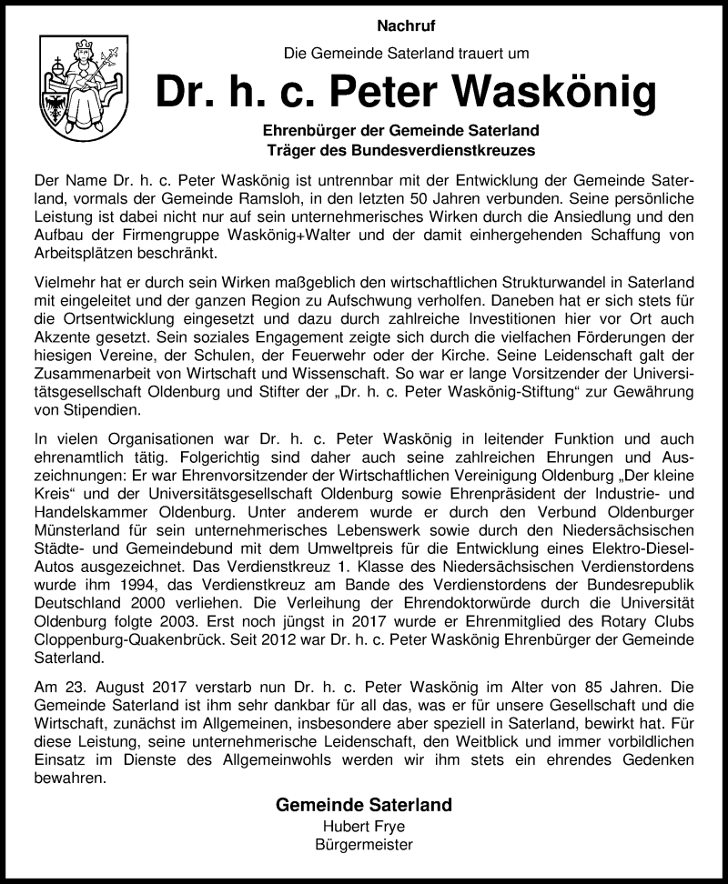  Traueranzeige für Dr. h. c. Peter Waskönig vom 29.08.2017 aus Nordwest-Zeitung