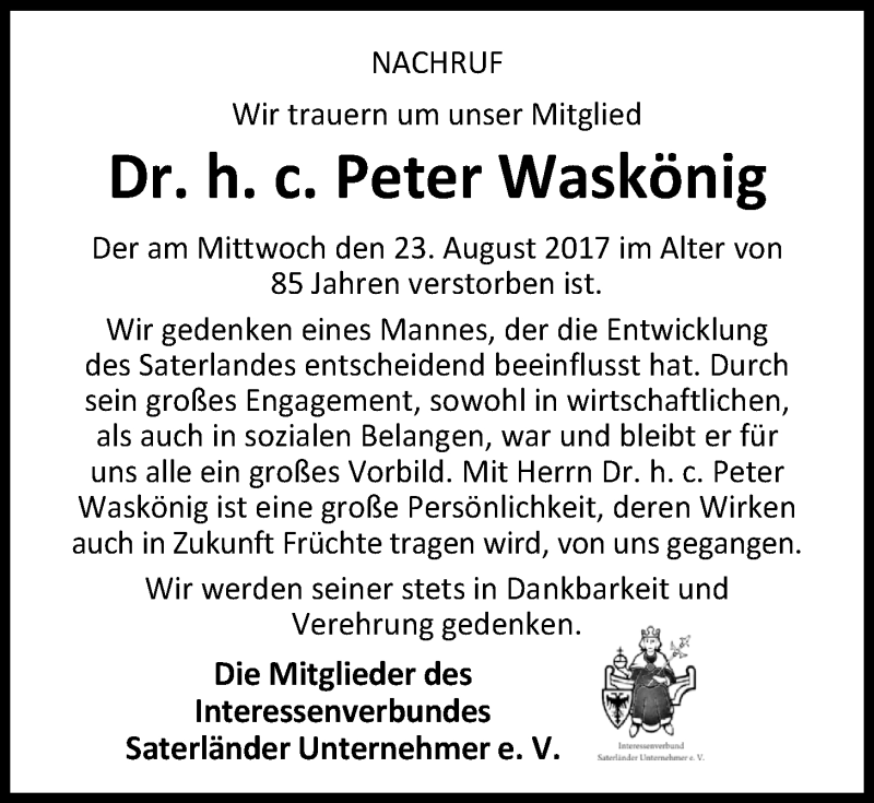  Traueranzeige für Dr. h. c. Peter Waskönig vom 30.08.2017 aus Nordwest-Zeitung