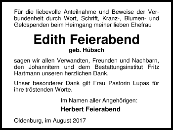 Traueranzeige von Edith Feierabend von Nordwest-Zeitung