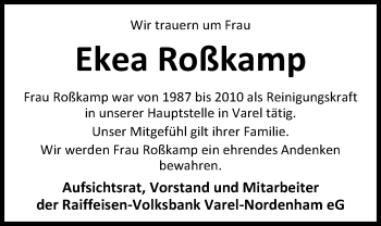 Traueranzeige von Ekea Roßkamp von Nordwest-Zeitung