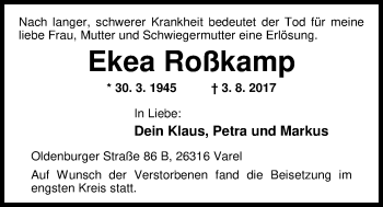 Traueranzeige von Ekea Roßkamp von Nordwest-Zeitung