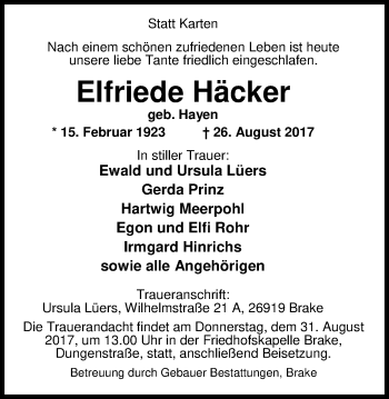 Traueranzeige von Elfriede Häcker von Nordwest-Zeitung