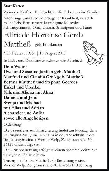 Traueranzeige von Elfriede  Mattheß von Nordwest-Zeitung