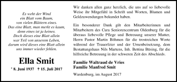 Traueranzeige von Ella Smit von Nordwest-Zeitung