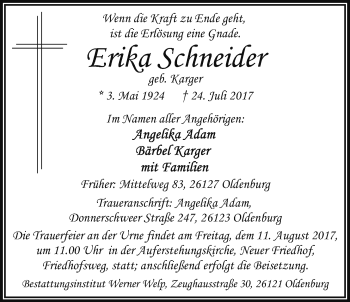 Traueranzeige von Erika Schneider von Nordwest-Zeitung