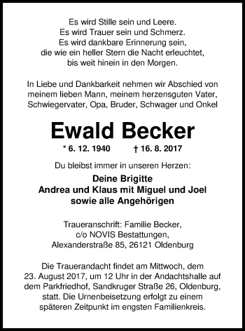 Traueranzeige von Ewald Becker von Nordwest-Zeitung