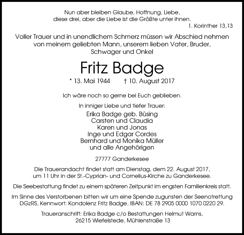  Traueranzeige für Fritz Badge vom 12.08.2017 aus Nordwest-Zeitung