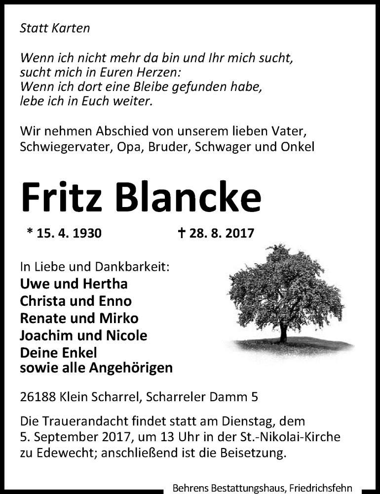  Traueranzeige für Fritz Blancke vom 31.08.2017 aus Nordwest-Zeitung