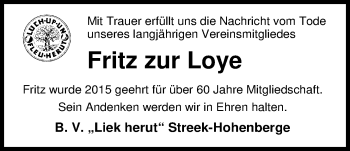 Traueranzeige von Fritz  zur Loye von Nordwest-Zeitung