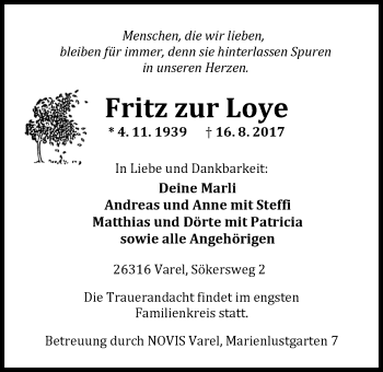 Traueranzeige von Fritz  zur Loye von Nordwest-Zeitung