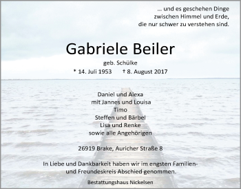 Traueranzeige von Gabriele Beiler von Nordwest-Zeitung