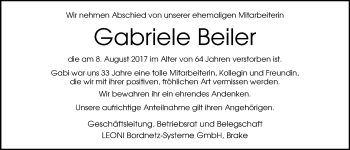 Traueranzeige von Gabriele Beiler von Nordwest-Zeitung