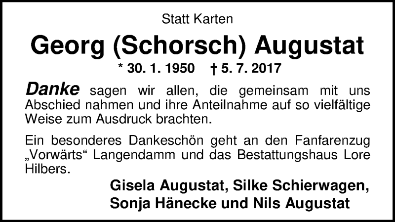  Traueranzeige für Georg (Schorsch) Augustat vom 05.08.2017 aus Nordwest-Zeitung