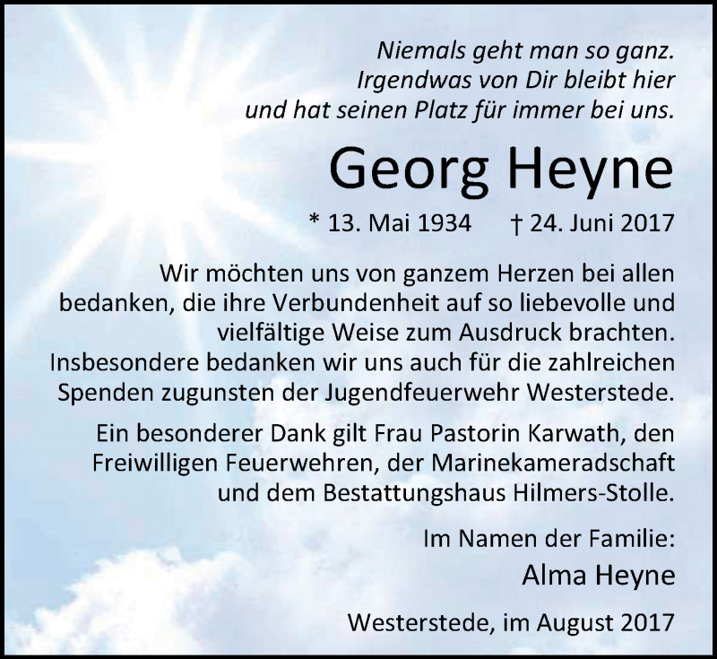  Traueranzeige für Georg Heyne vom 12.08.2017 aus Nordwest-Zeitung