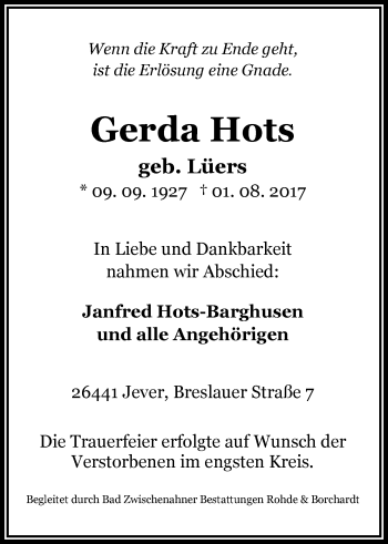 Traueranzeige von Gerda Hots von Nordwest-Zeitung