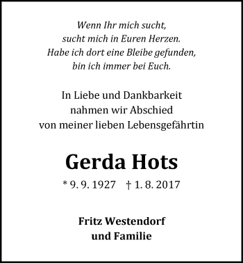Traueranzeige von Gerda Hots von Nordwest-Zeitung