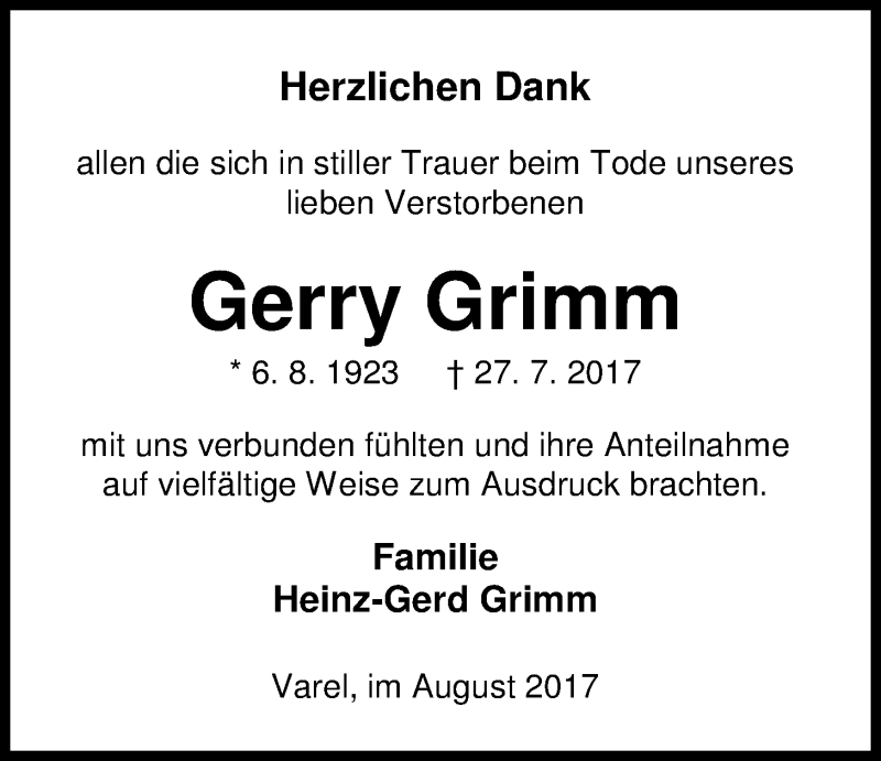  Traueranzeige für Gerry Grimm vom 25.08.2017 aus Nordwest-Zeitung