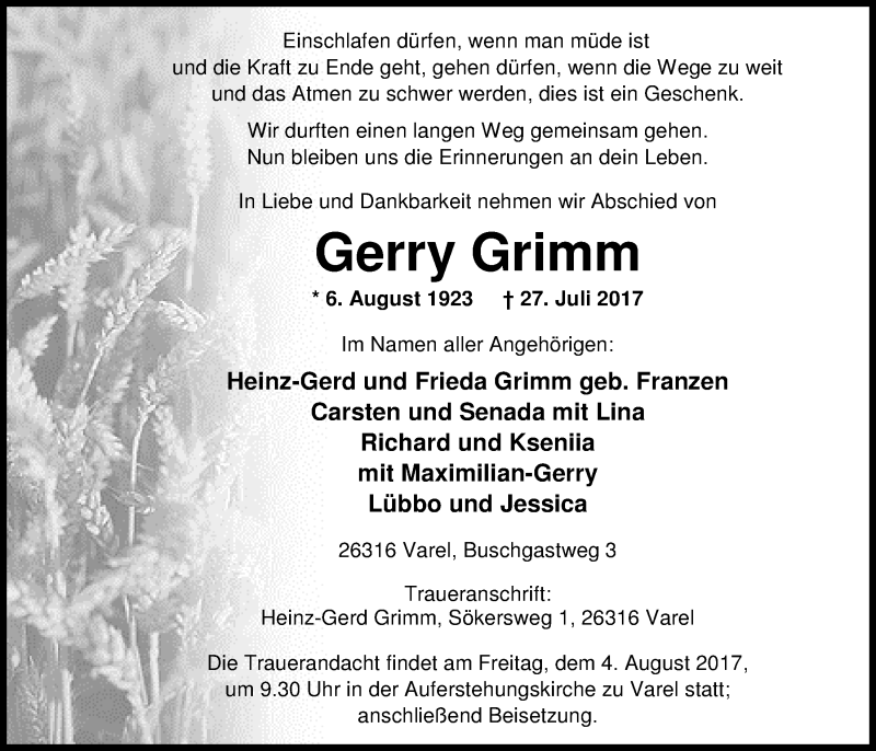  Traueranzeige für Gerry Grimm vom 01.08.2017 aus Nordwest-Zeitung
