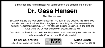 Traueranzeige von Gesa Hansen von Nordwest-Zeitung