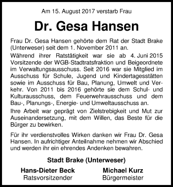 Traueranzeige von Gesa Hansen von Nordwest-Zeitung