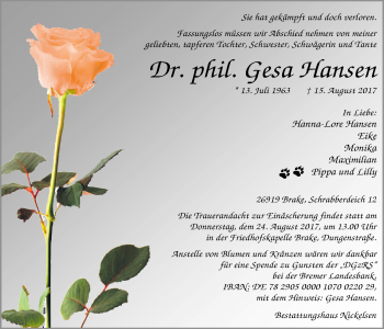 Traueranzeige von Gesa Hansen von Nordwest-Zeitung