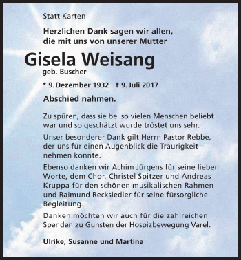 Traueranzeige von Gisela Weisang von Nordwest-Zeitung