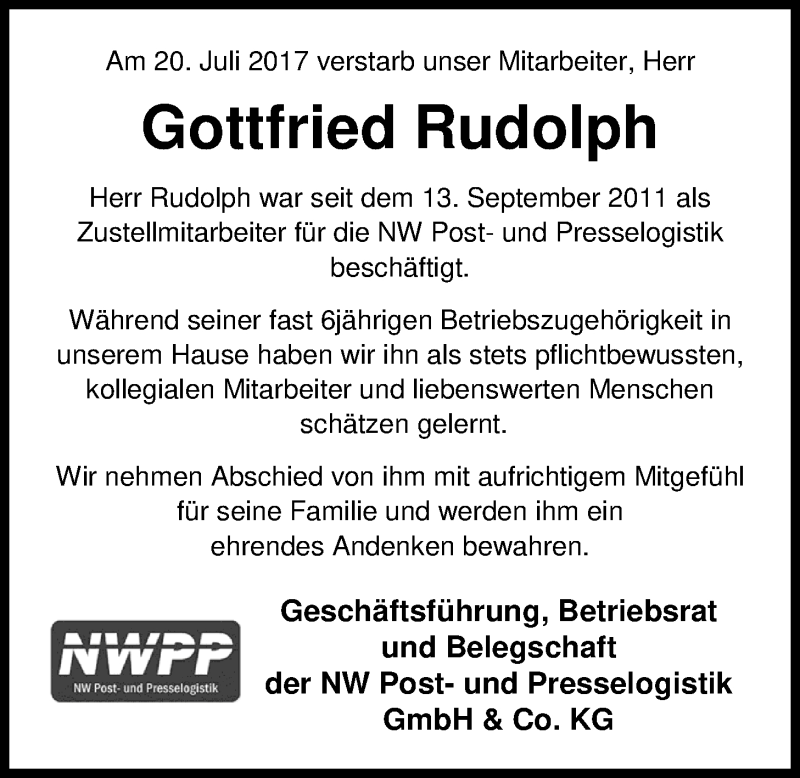  Traueranzeige für Gottfried Rudolph vom 05.08.2017 aus Nordwest-Zeitung