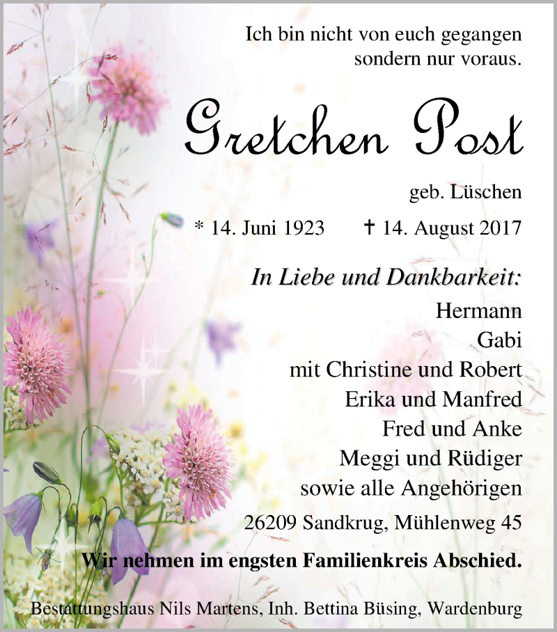 Traueranzeige für Gretchen Post vom 18.08.2017 aus Nordwest-Zeitung