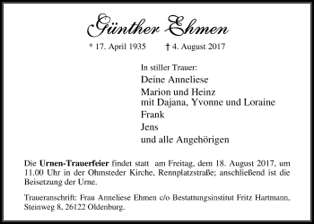 Traueranzeige von Günther Ehmen von Nordwest-Zeitung