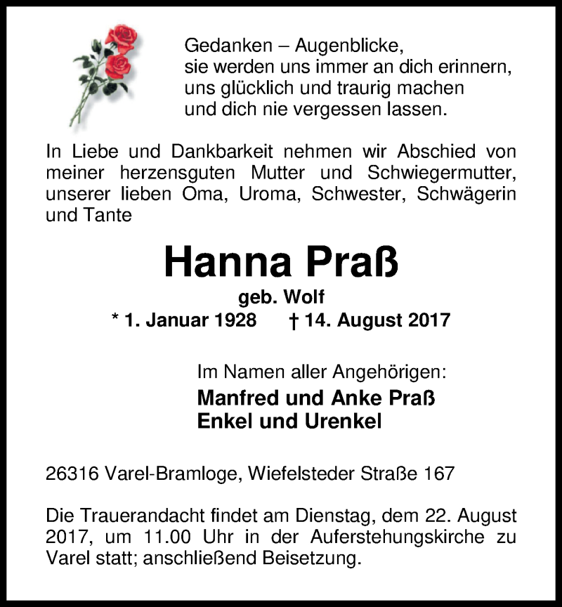  Traueranzeige für Hanna Praß vom 19.08.2017 aus Nordwest-Zeitung
