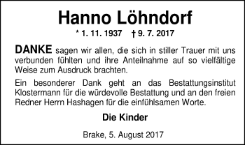 Traueranzeige von Hanno Löhndorf von Nordwest-Zeitung