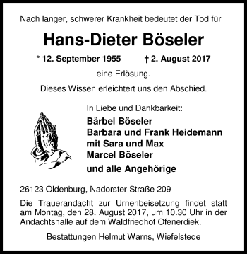 Traueranzeige von Hans-Dieter Böseler von Nordwest-Zeitung