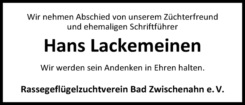  Traueranzeige für Hans Lackemeinen vom 10.08.2017 aus Nordwest-Zeitung